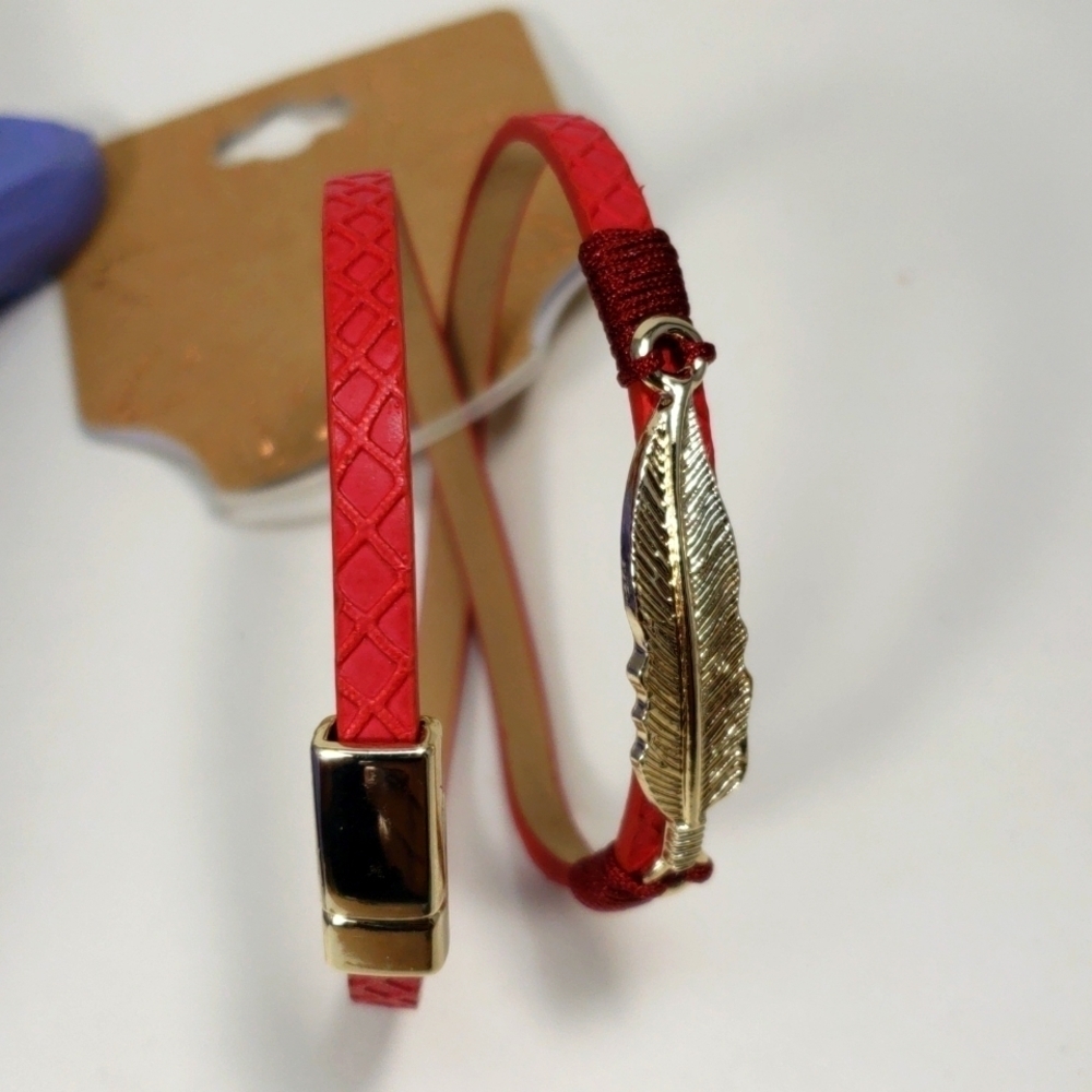Women's Stunning Silver tone Feather, Red Leather Wrap Bracelet w/ Magnetic lock